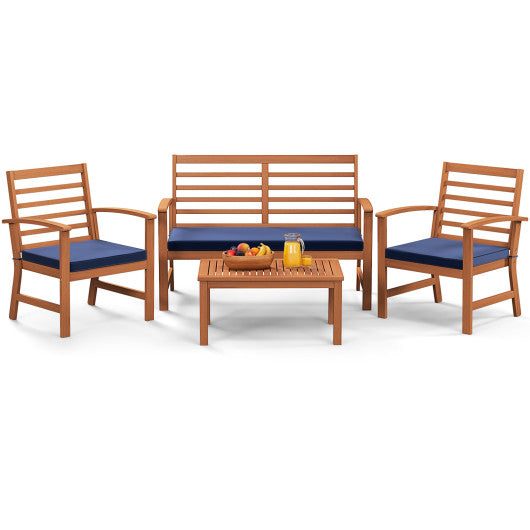 4 Pieces Outdoor Furniture Set with Stable Acacia Wood Frame-Navy