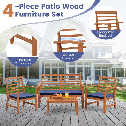 4 Pieces Outdoor Furniture Set with Stable Acacia Wood Frame-Navy