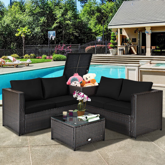 4 Pieces Outdoor Patio Rattan Furniture Set with Loveseat and Storage Box-Black