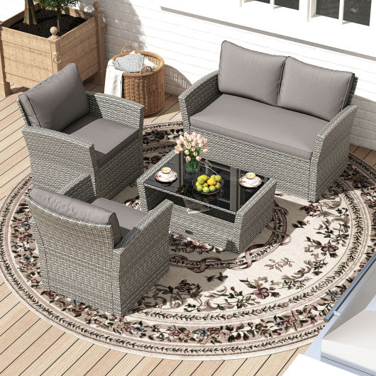 4 Pieces Patio Rattan Furniture Set Sofa Table with Storage Shelf Cushion-Gray