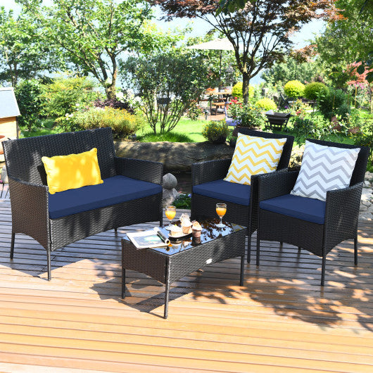 4 Pieces Patio Rattan Cushioned Sofa Set with Tempered Glass Coffee Table-Navy and off White