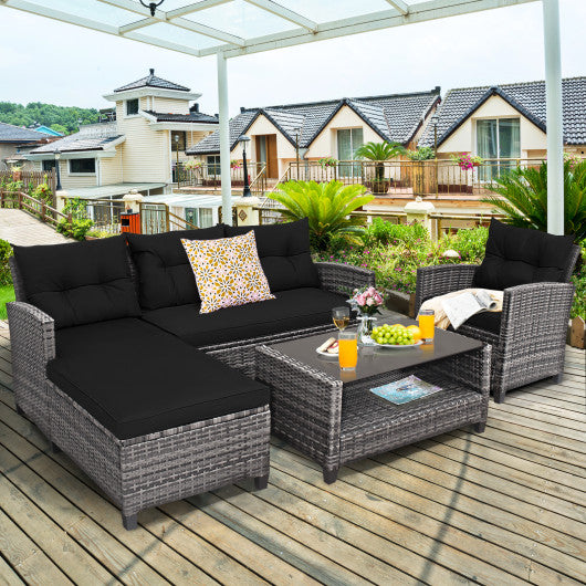 4 Pieces Patio Rattan Sofa Furniture Set with Cushion and 2-Tier Coffee Table-Black