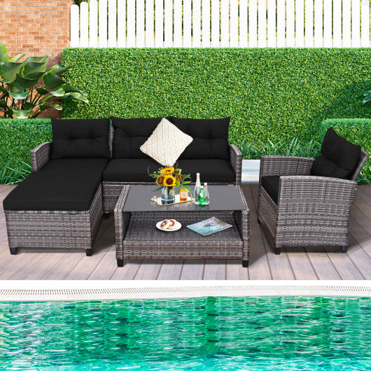 4 Pieces Patio Rattan Sofa Furniture Set with Cushion and 2-Tier Coffee Table-Black