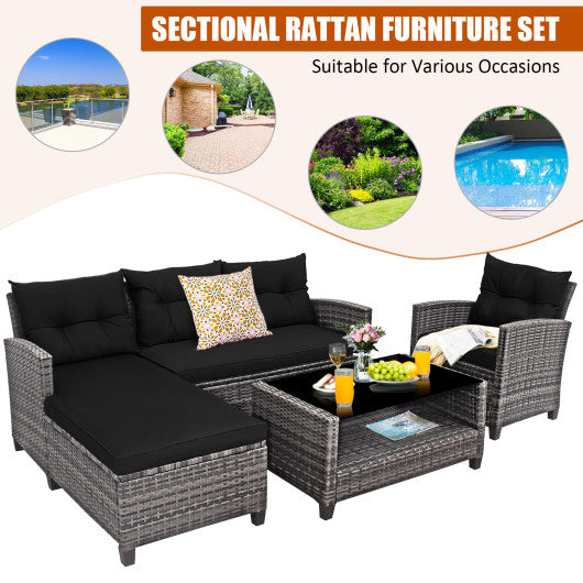 4 Pieces Patio Rattan Sofa Furniture Set with Cushion and 2-Tier Coffee Table-Black