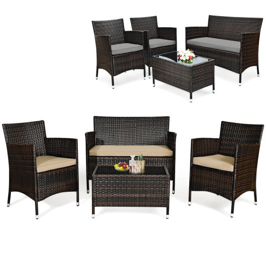 4 Pieces Comfortable Outdoor Rattan Sofa Set with Glass Coffee Table-Beige & Gray