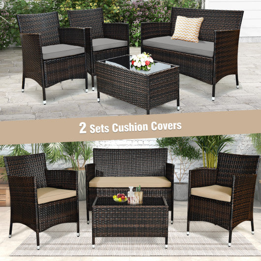 4 Pieces Comfortable Outdoor Rattan Sofa Set with Glass Coffee Table-Beige & Gray