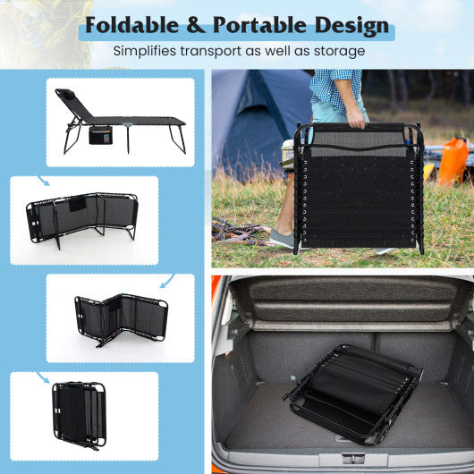 4 Position Folding Lounge Chaise with Adjustable Backrest and Footrest-Black