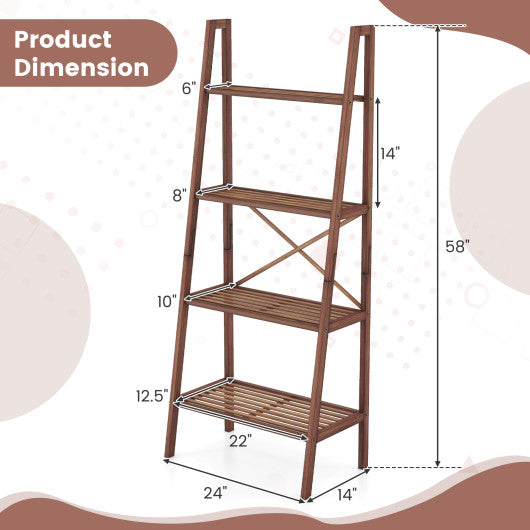 58 Inch 4-Tier Bamboo Ladder Bookshelf-Walnut
