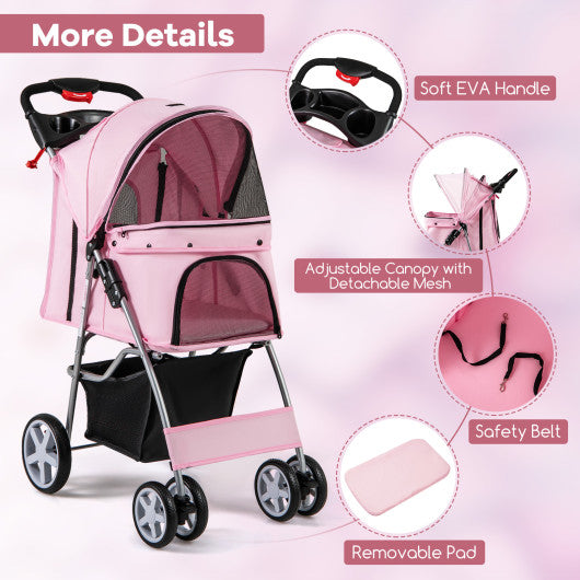 Folding Pet Stroller with Storage Basket and Adjustable Canopy-Pink