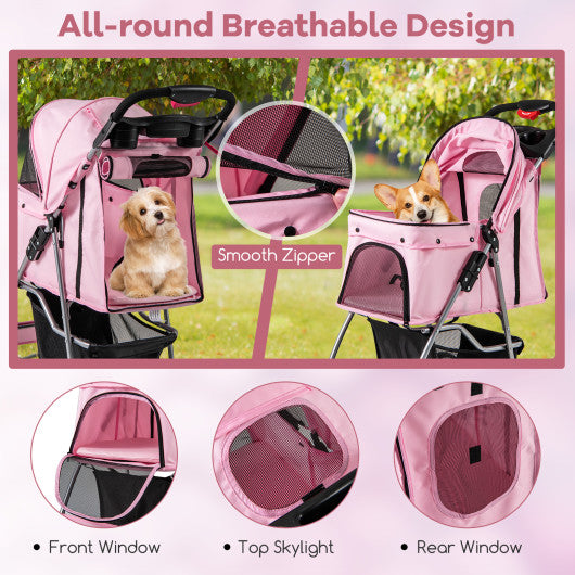 Folding Pet Stroller with Storage Basket and Adjustable Canopy-Pink