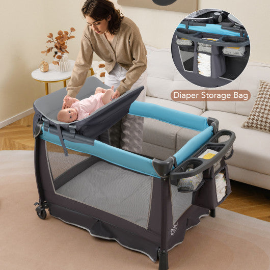 4-in-1 Convertible Portable Baby Play yard with Toys and Music Player-Blue