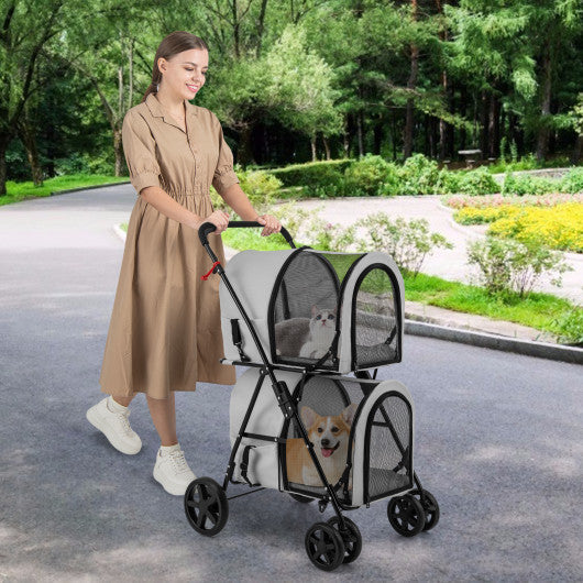 4-in-1 Double Pet Stroller with Detachable Carrier and Travel Carriage-Gray