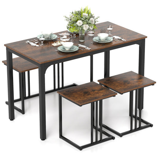 4 Pieces Industrial Dining Table Set with Bench and 2 Stools-Brown