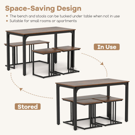 4 Pieces Industrial Dining Table Set with Bench and 2 Stools-Brown
