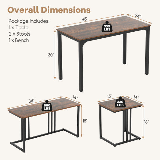 4 Pieces Industrial Dining Table Set with Bench and 2 Stools-Brown