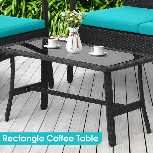 4 Pieces Rattan Conversation Set with Tempered Glass Coffee Table-Turquoise
