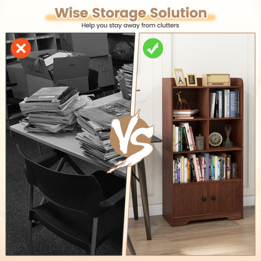 4 Tiers Bookshelf with 4 Cubes Display Shelf and 2 Doors-Brown