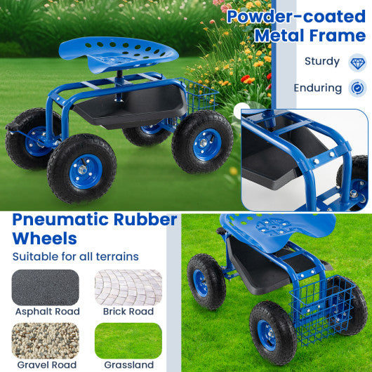 4-Wheel Rolling Garden Cart Work Seat-Blue