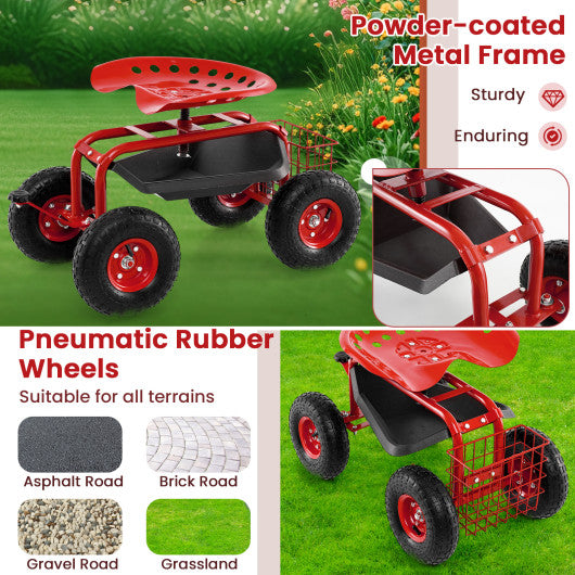 4-Wheel Rolling Garden Cart Work Seat-Red