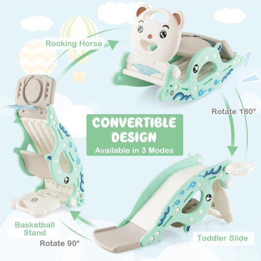 4-in-1 Kids Slide Rocking Horse with Basketball and Ring Toss-Green