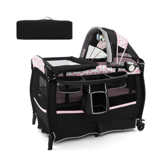 4 in 1 Portable Pack and Play Baby Nursery Center with Bassinet-Pink