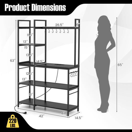 5-Tier Bakers Rack with Power Outlets and 10 S-Shaped Hooks-Black