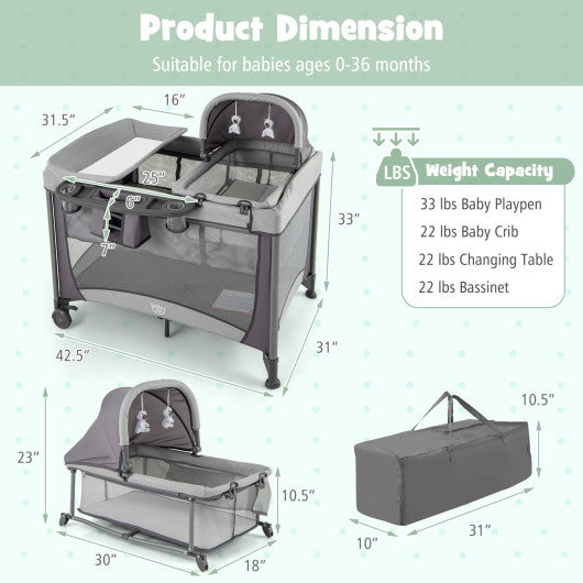 5-in-1 Portable Baby Playard with Cradle and Storage Basket-Gray