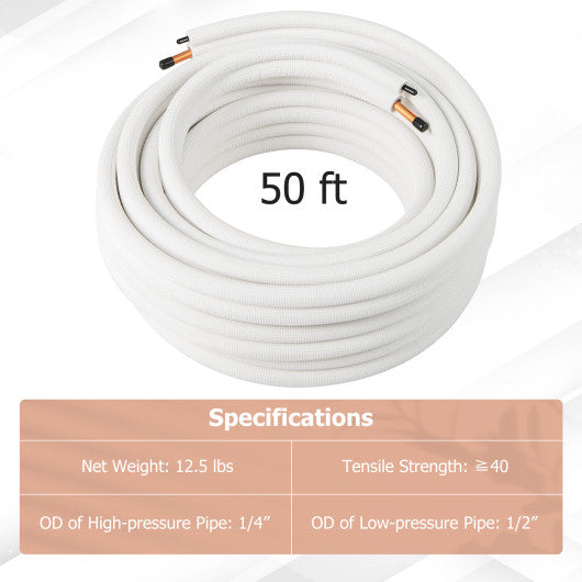 50 Feet Mini Split Line Set with 1/4 Inch and 1/2 Inch O.D. Copper Pipes Tubing