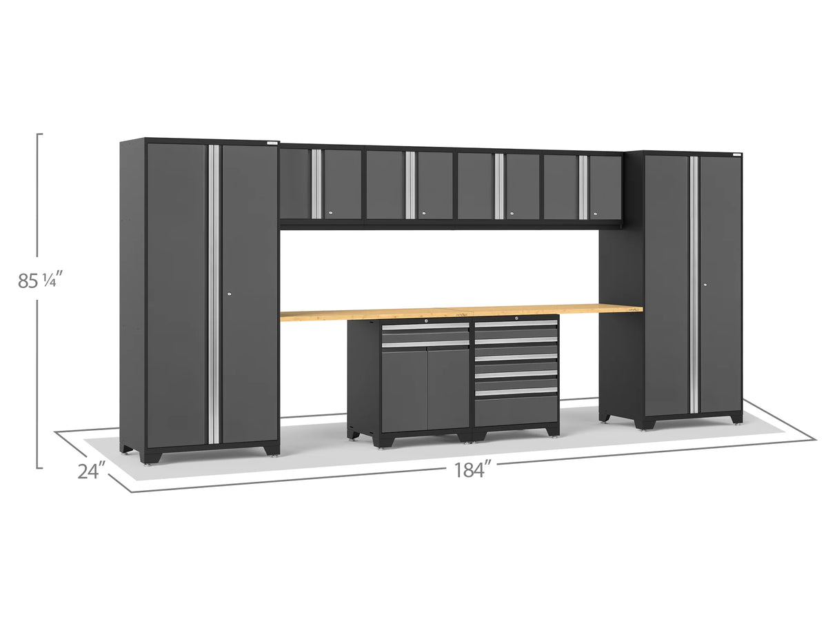 Pro Series Gray 10 Piece Cabinet Set with Wall, Tool Drawer, Multi-Function Cabinet, Lockers and 112 In. Worktop