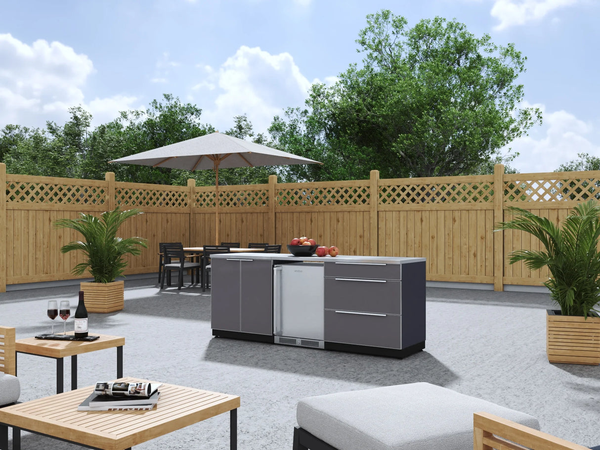 Outdoor Kitchen Aluminum 5 Piece Cabinet Set with 3-Drawer, 2-Door Cabinet, Countertops and Fridge