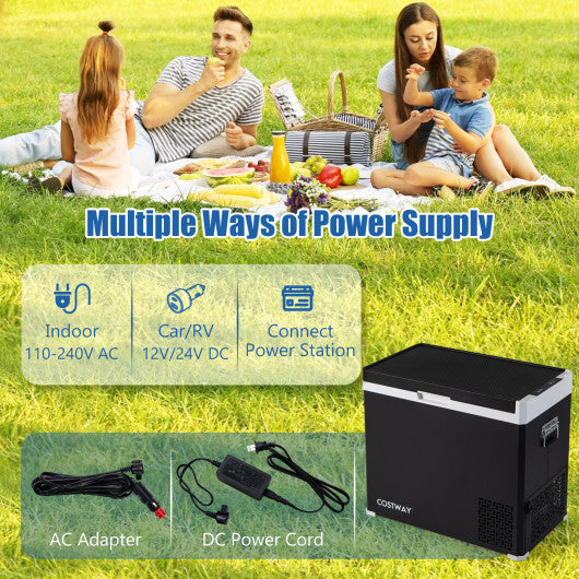 53QT Portable Dual Zone 12V Car Refrigerator Compressor Fridge Freezer for Vehicles Camping Travel-Black