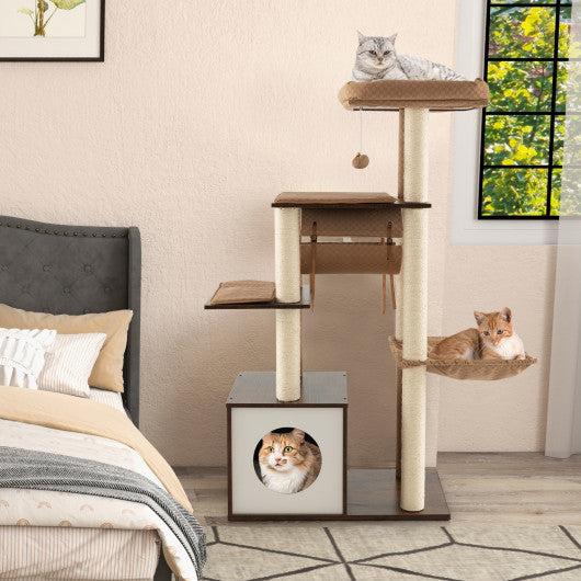 53 Inch Cat Tree with Condo and Swing Tunnel-Brown