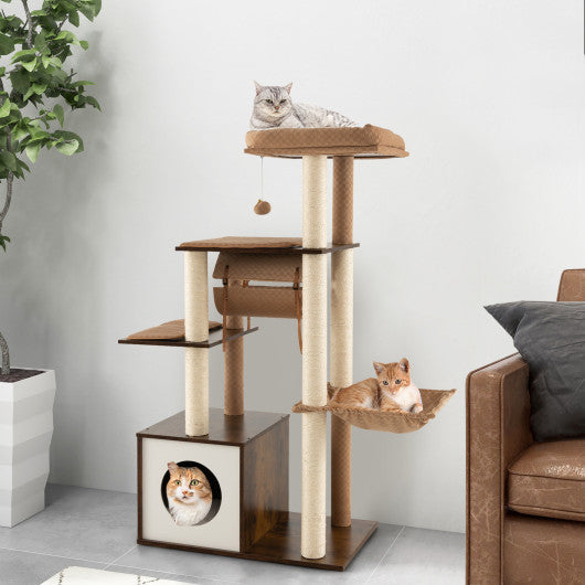 53 Inch Cat Tree with Condo and Swing Tunnel-Brown