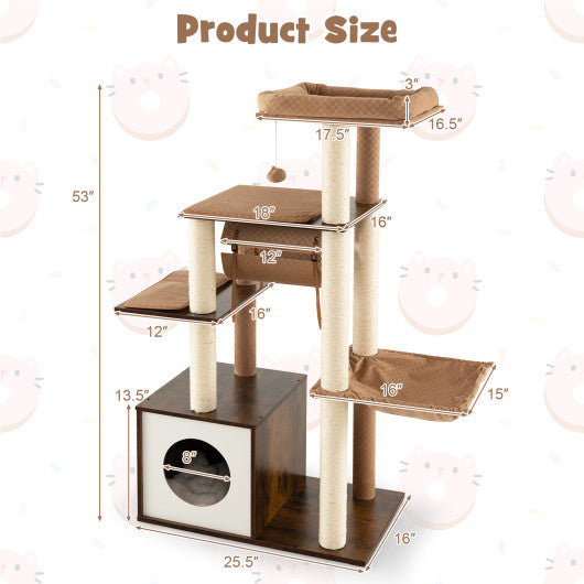 53 Inch Cat Tree with Condo and Swing Tunnel-Brown