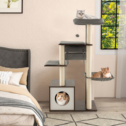 53 Inch Cat Tree with Condo and Swing Tunnel-Gray