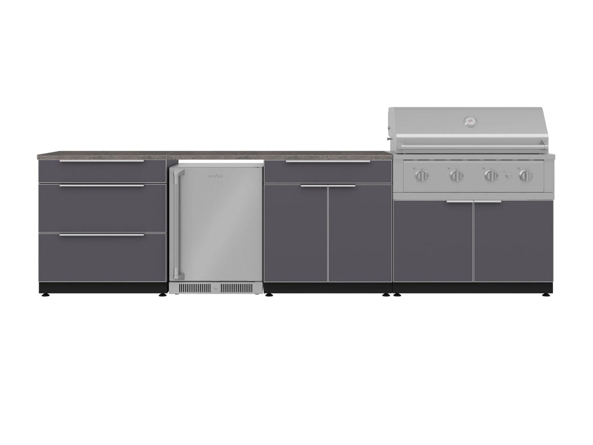 Outdoor Kitchen Aluminum 7 Piece Cabinet Set with 3-Drawer, Bar, Grill Cabinet, Performance Grill, Countertops and Stainless Steel Door Fridge