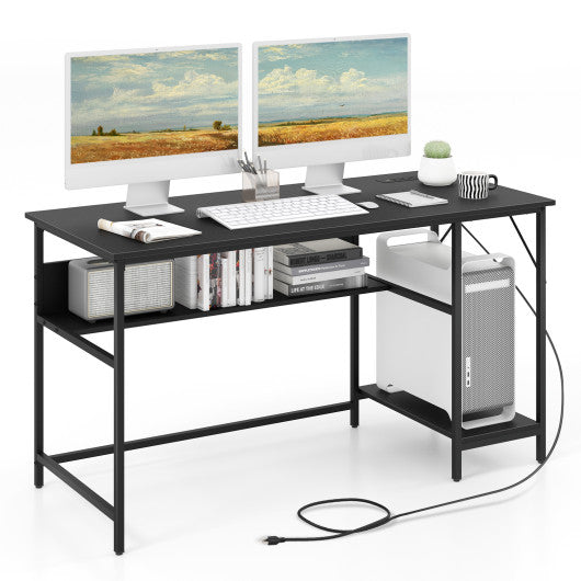 55 Inch Computer Desk with 4 Power Outlets and CPU Stand-Black