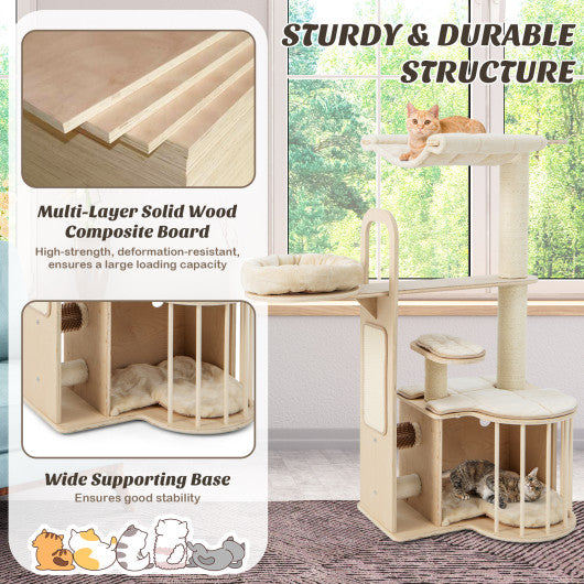55 Inch Tall Multi-Level Cat Tree with Washable Removable Cushions-Natural