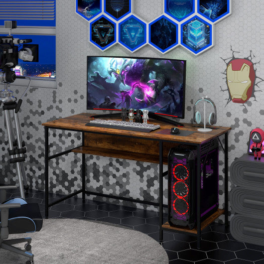 55 Inch Computer Desk with 4 Power Outlets and CPU Stand-Rustic Brown