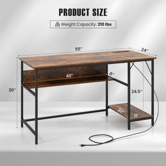 55 Inch Computer Desk with 4 Power Outlets and CPU Stand-Rustic Brown