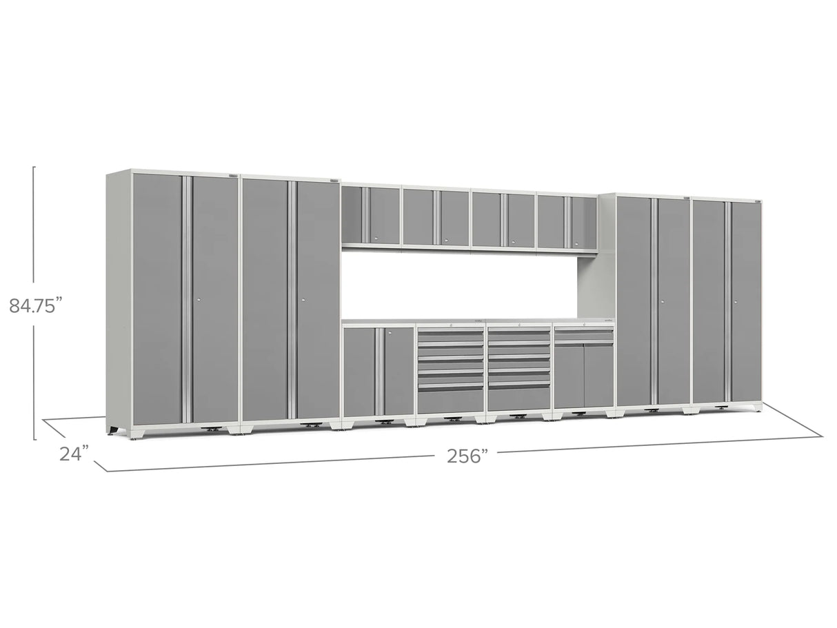 Pro Series 14 Piece Cabinet Set with Lockers, Base, Wall, Tool Drawer, Multi-Function Cabinets and 56 In. Worktop