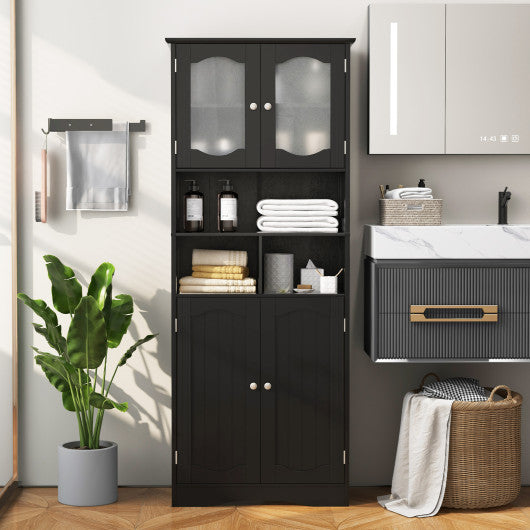 58.5 Inch Freestanding Linen Bathroom Storage Cabinet with Frost Glass Doors-Black