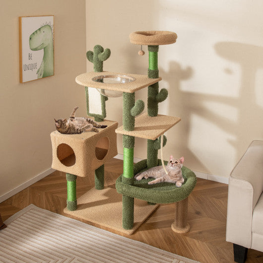 59 Inch Multilevel Cactus Cat Tree with Scratching Posts Cando Toy and Rope-Green