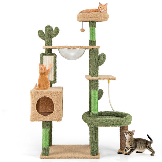 59 Inch Multilevel Cactus Cat Tree with Scratching Posts Cando Toy and Rope-Green