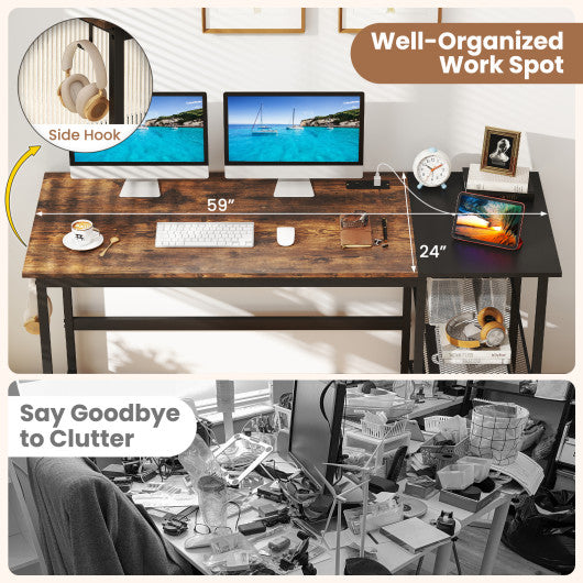 59 Inch Home Office Computer Desk with Removable Storage Shelves-Rustic Brown
