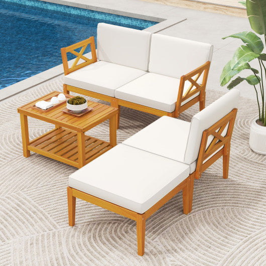 5 Pieces Acacia Wood Patio Furniture Set with 2-Tier Coffee Table and Cushions-White