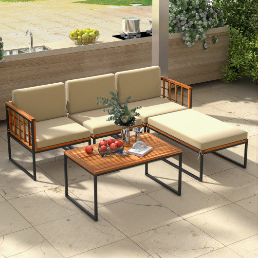 5 Pieces Patio Furniture Set Acacia Wood Sectional Set with Heavy-Duty Metal Frame-Beige