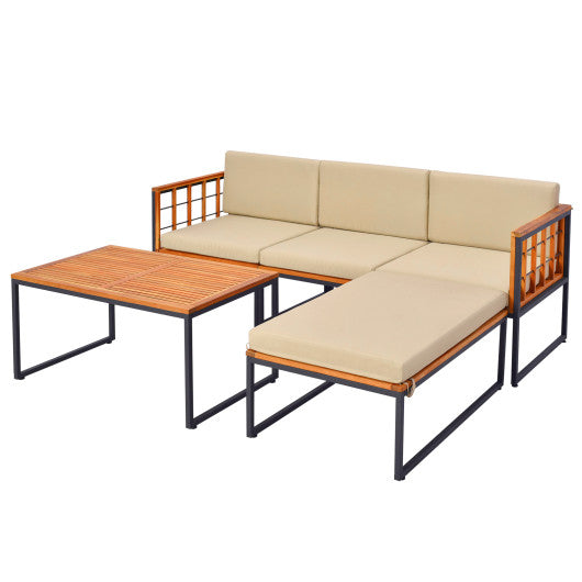 5 Pieces Patio Furniture Set Acacia Wood Sectional Set with Heavy-Duty Metal Frame-Beige