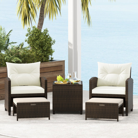 5 Pieces Patio Rattan Furniture with 2 Ottomans and Tempered Glass Coffee Table-Off White