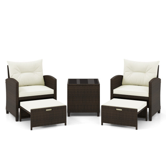 5 Pieces Patio Rattan Furniture with 2 Ottomans and Tempered Glass Coffee Table-Off White